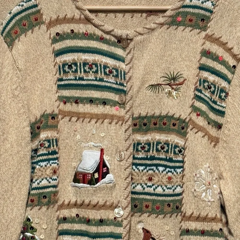 Crystal Kobe Embroidered Christmas Patchwork Tan Cardigan Sweater Womens Large
